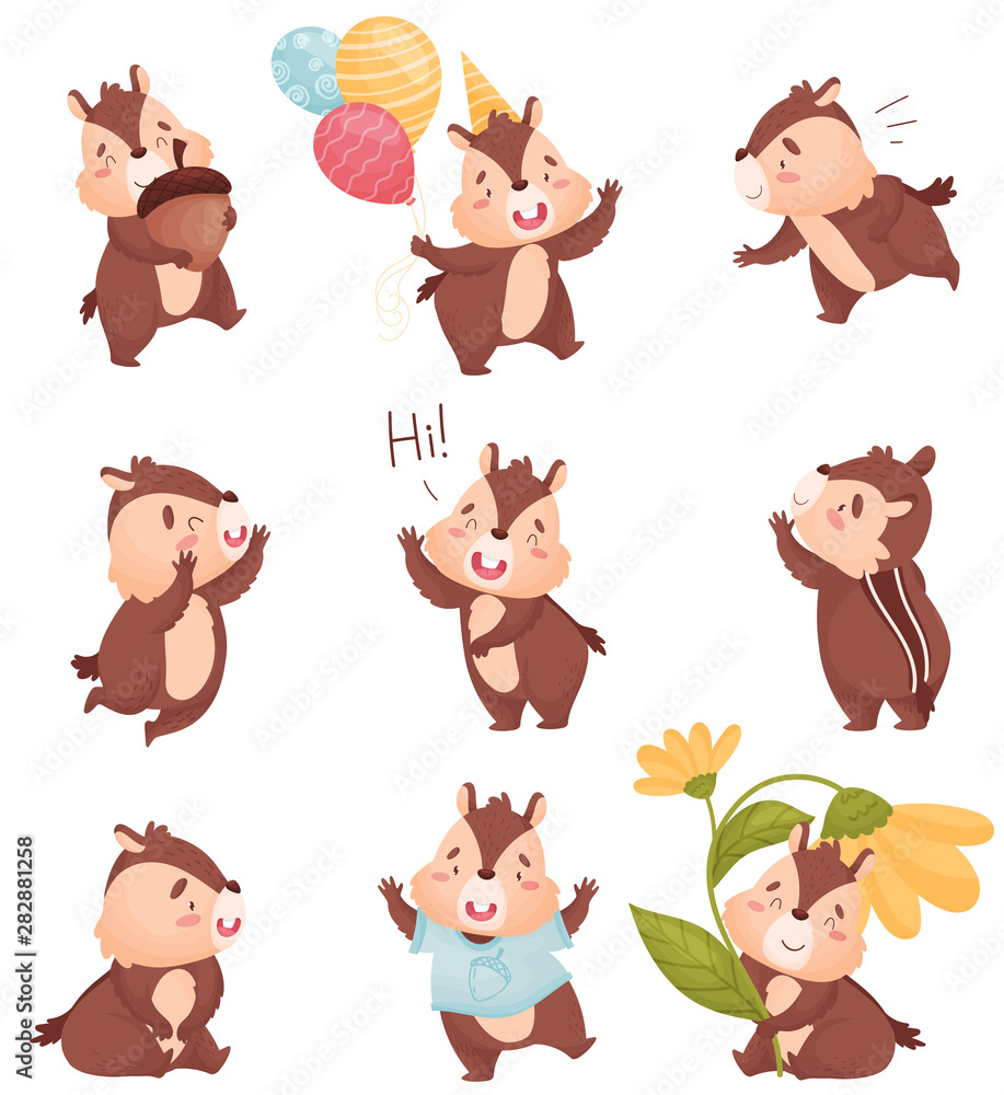 Cartoon chipmunk in different situations. Vector illustration on white background.