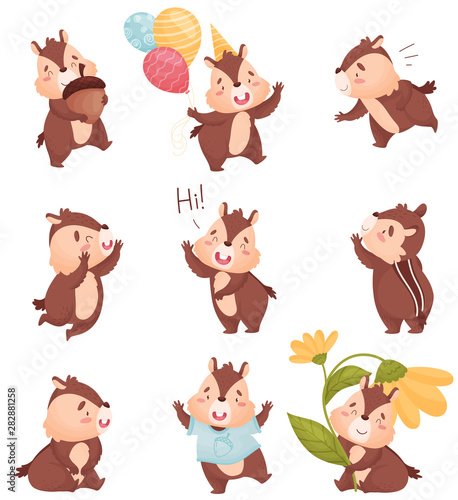 Cartoon chipmunk in different situations. Vector illustration on white background. photo