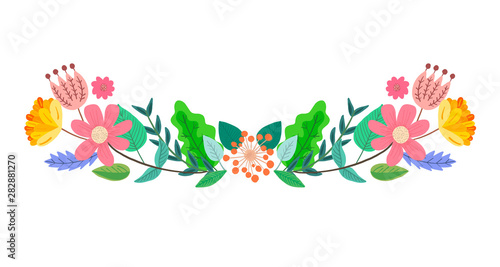Tender semicircle floral wreath with colorful doodle flowers and leaves. Summer cute childish floral arc frame for birthday and anniversary greeting cards, banner design, spring event decoration