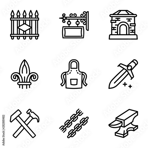 Blacksmith collection icon set. Outline set of 9 blacksmith collection vector icons for web design isolated on white background
