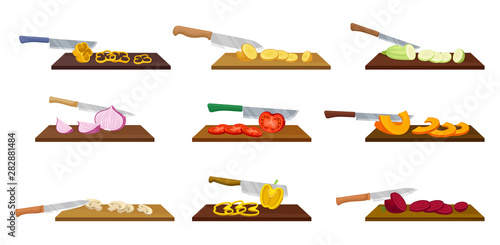 Set of images of the process of cutting vegetables. Vector illustration on a white background.