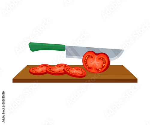 Knife cuts red tomato. Vector illustration on a white background.