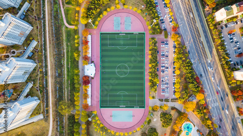 Canvas Print Aerial view of soccer field in South Korea.