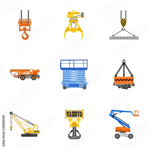 Mobile lift machine icon set. Flat set of 9 mobile lift machine vector icons for web design isolated on white background