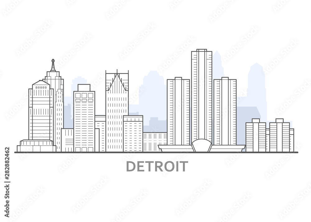 Detroit cityscape, Michigan - panorama of Detroit, outline of skyline of downtown