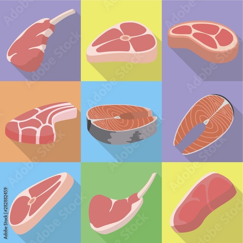 Raw steak icon set. Flat set of 9 raw steak vector icons for web design isolated on white background
