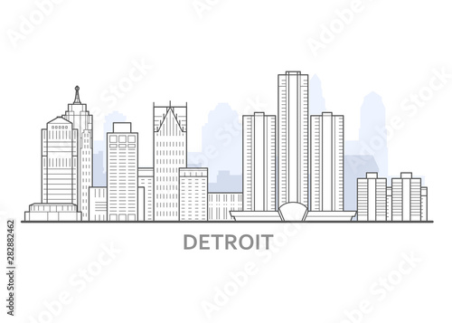 Detroit cityscape, Michigan - panorama of Detroit, outline of skyline of downtown
