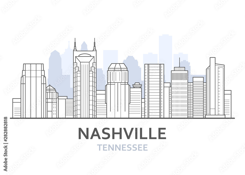 Nashville city skyline, Tennessee - cityscape of Nashville, skyline of downtown, lineart