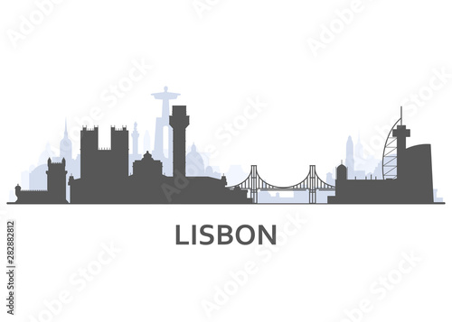 Silhouette of Lisbon cityscape - old town view with landmarks of Lisbon