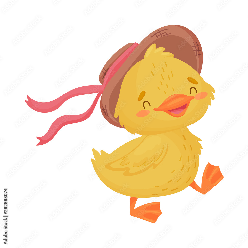 Fototapeta premium Yellow duckling girl in a hat. Vector illustration on a white background.