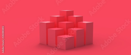 Render tridimensional de podio con diferentes niveles para presentación de producto con diferentes materiales coloridos  y texturas. Ilustración 3d