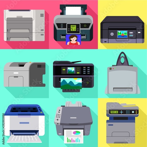 Photo printer icon set. Flat set of 9 photo printer vector icons for web design isolated on white background