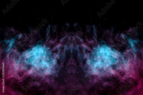 Abstract pattern of green and pink smoke with flames on a black background. Print for clothes