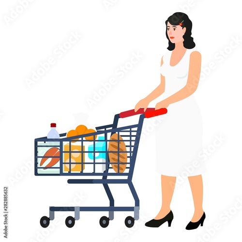 Woman with full shop cart icon. Flat illustration of woman with full shop cart vector icon for web design