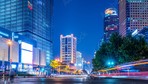 the light trails on the modern building background