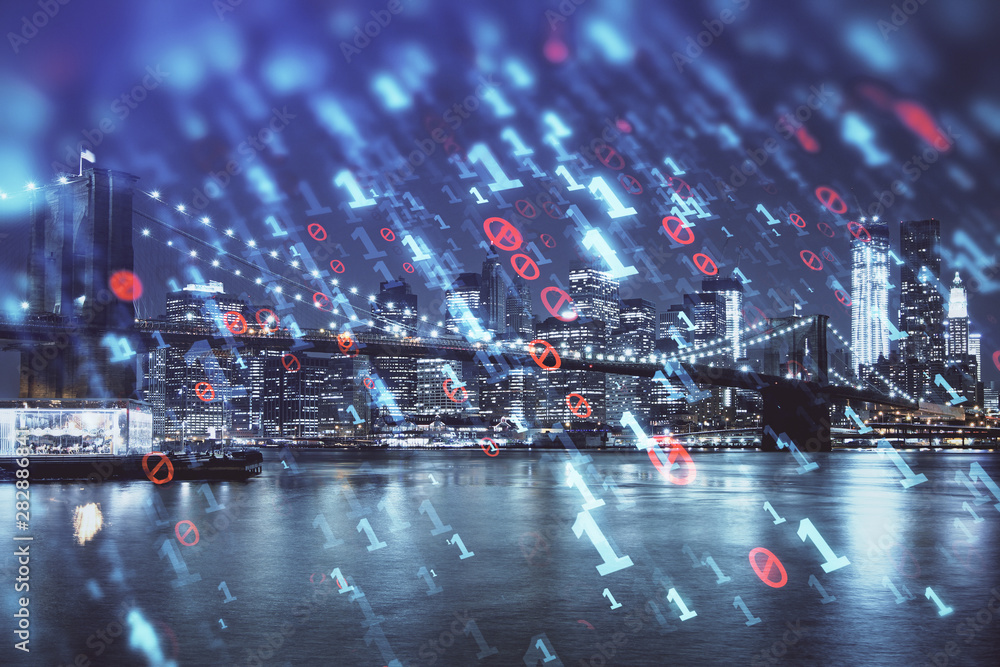 Data theme hologram drawing on city view with skyscrapers background multi exposure. Ai concept. Data theme hologram drawing on city view with skyscrapers background multi exposure. Ai concept.