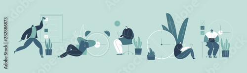 Set of people successfully organizing their appointments and tasks . Situations and office scenes with efficient and effective time management and multitasking at work. Flat vector illustration.