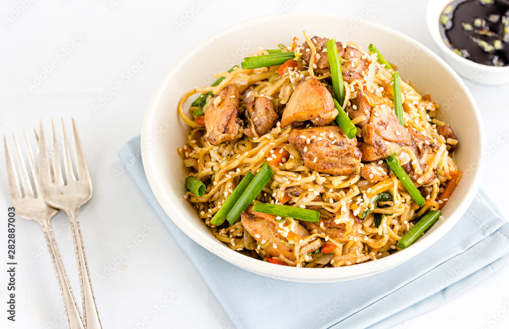 Stir-Fried Noodles with Chicken and Vegetables in a White Bowl