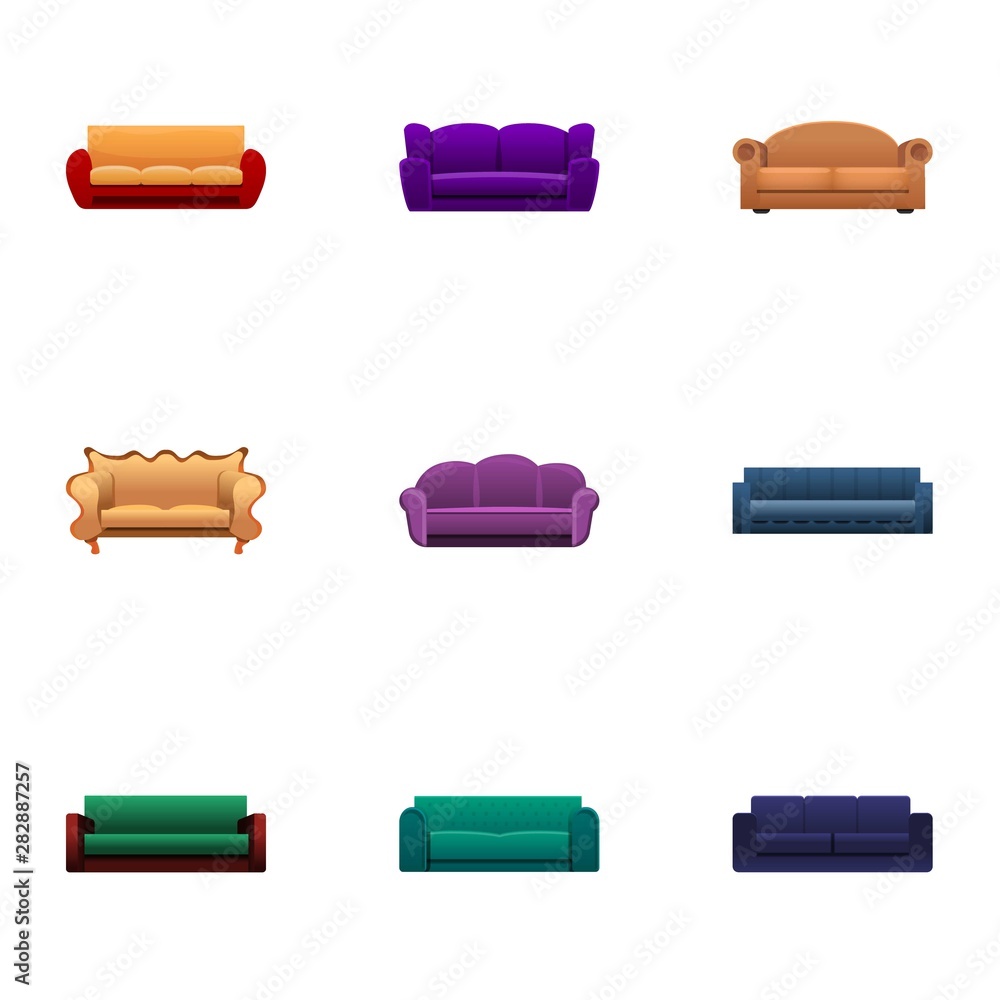 Home sofa icon set. Cartoon set of 9 home sofa vector icons for web design isolated on white background Home sofa icon set. Cartoon set of 9 home sofa vector icons for web design isolated on white background