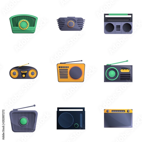 Retro radio icon set. Cartoon set of 9 retro radio vector icons for web design isolated on white background
