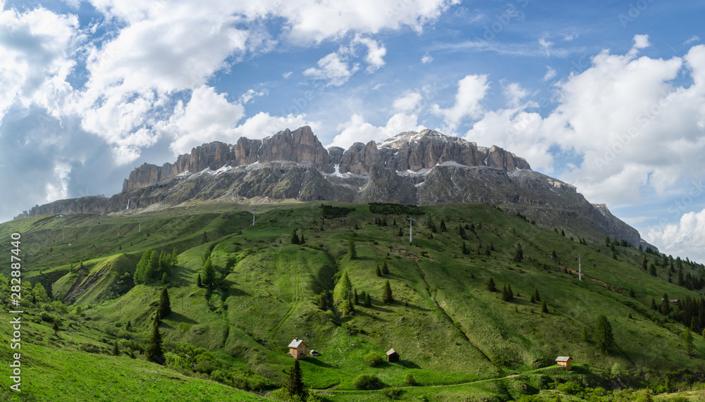 Panoramic view on the Sella massif and Piz Boe. Dolomites, Italy