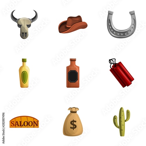 Texas saloon icon set. Cartoon set of 9 texas saloon vector icons for web design isolated on white background