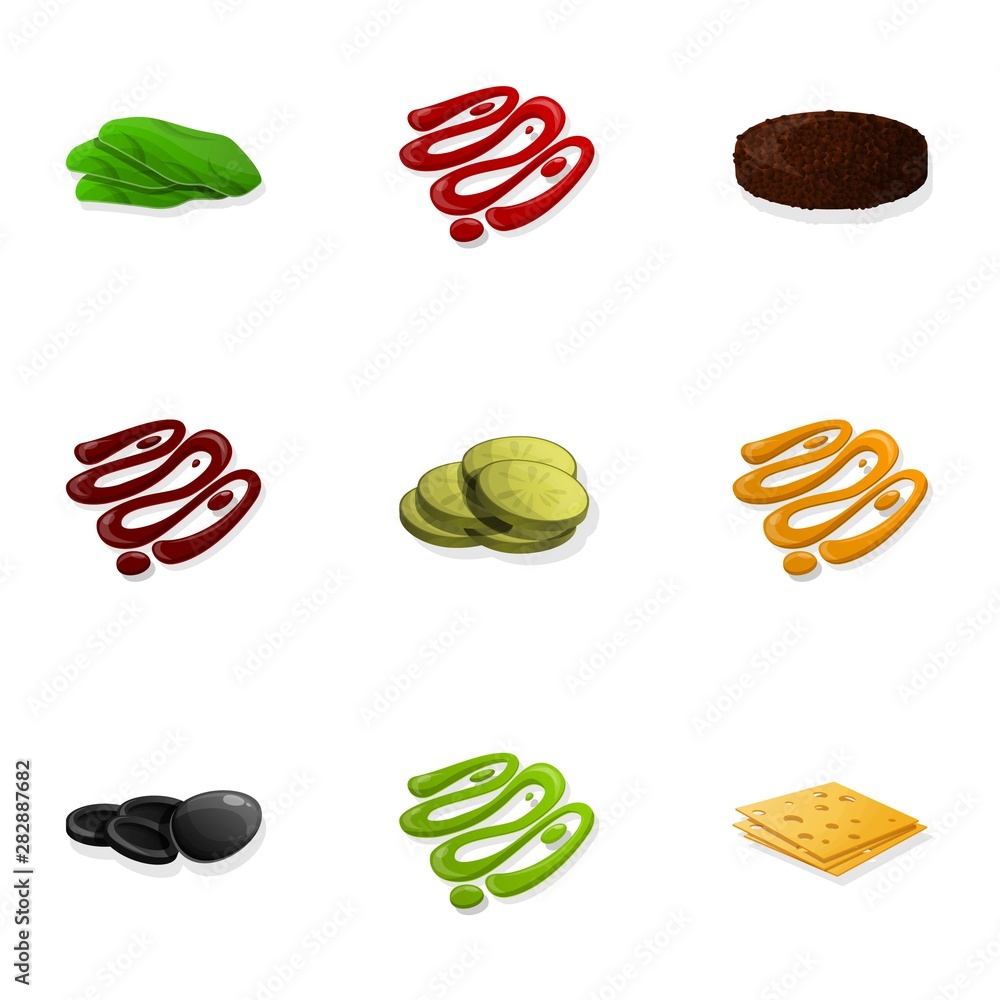 Burger sauce icon set. Cartoon set of 9 burger sauce vector icons for web design isolated on white background Burger sauce icon set. Cartoon set of 9 burger sauce vector icons for web design isolated on white background