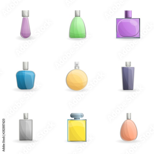 Spray perfume bottle icon set. Cartoon set of 9 spray perfume bottle vector icons for web design isolated on white background
