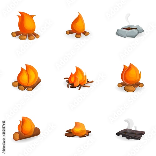 Hot campfire icon set. Cartoon set of 9 hot campfire vector icons for web design isolated on white background