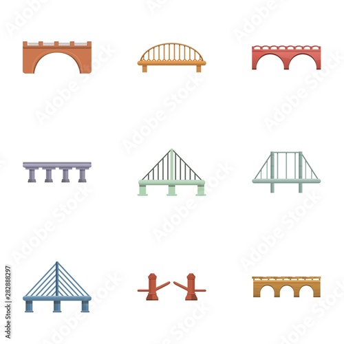 Travel bridge icon set. Cartoon set of 9 travel bridge vector icons for web design isolated on white background