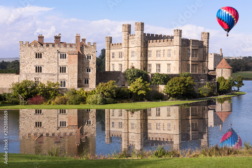 Leeds Castle Fortress England Moat Reflection and Hot Air Balloon