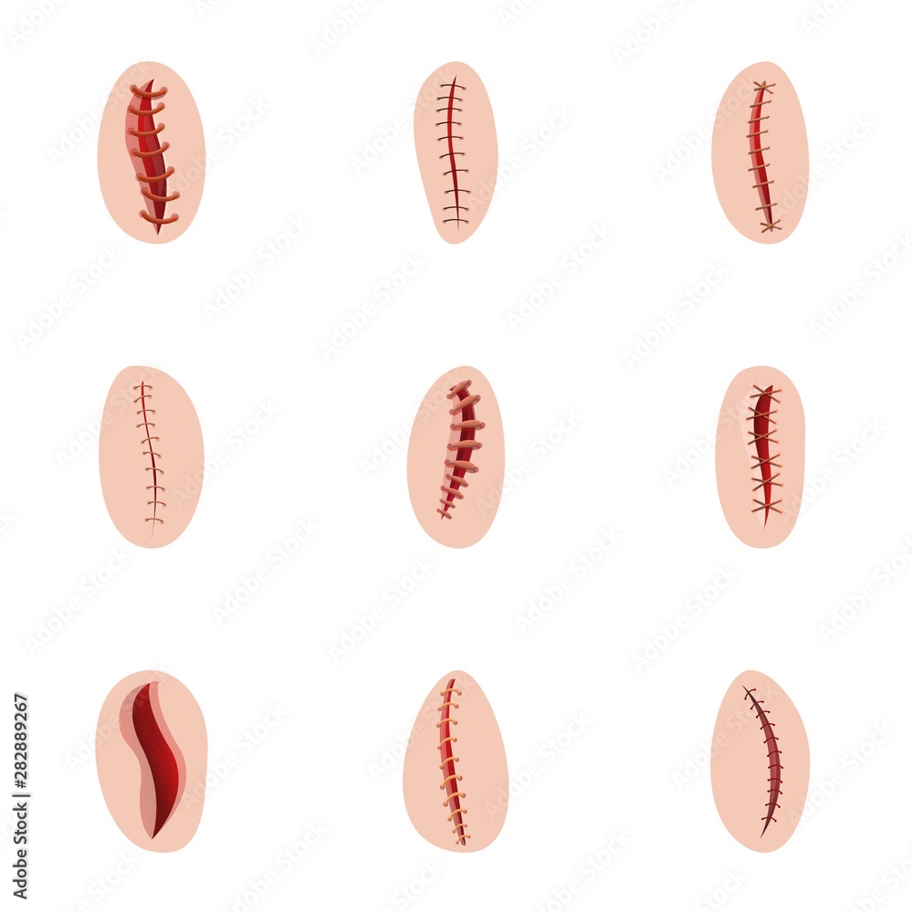 Surgery suture icon set. Cartoon set of 9 surgery suture vector icons for web design isolated on white background