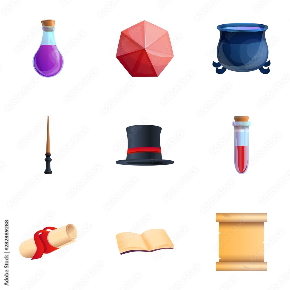 Wizard objects icon set. Cartoon set of 9 wizard objects vector icons for web design isolated on white background Wizard objects icon set. Cartoon set of 9 wizard objects vector icons for web design isolated on white background