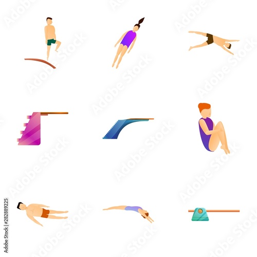 Pool diving board icon set. Cartoon set of 9 pool diving board vector icons for web design isolated on white background