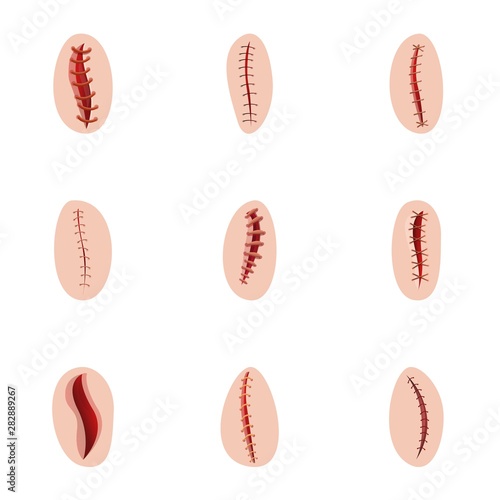 Surgery suture icon set. Cartoon set of 9 surgery suture vector icons for web design isolated on white background