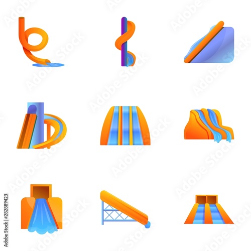 Aquapark slide icon set. Cartoon set of 9 aquapark slide vector icons for web design isolated on white background