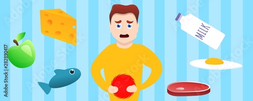 Stomach ache allergy concept banner. Cartoon illustration of stomach ache allergy vector concept banner for web design