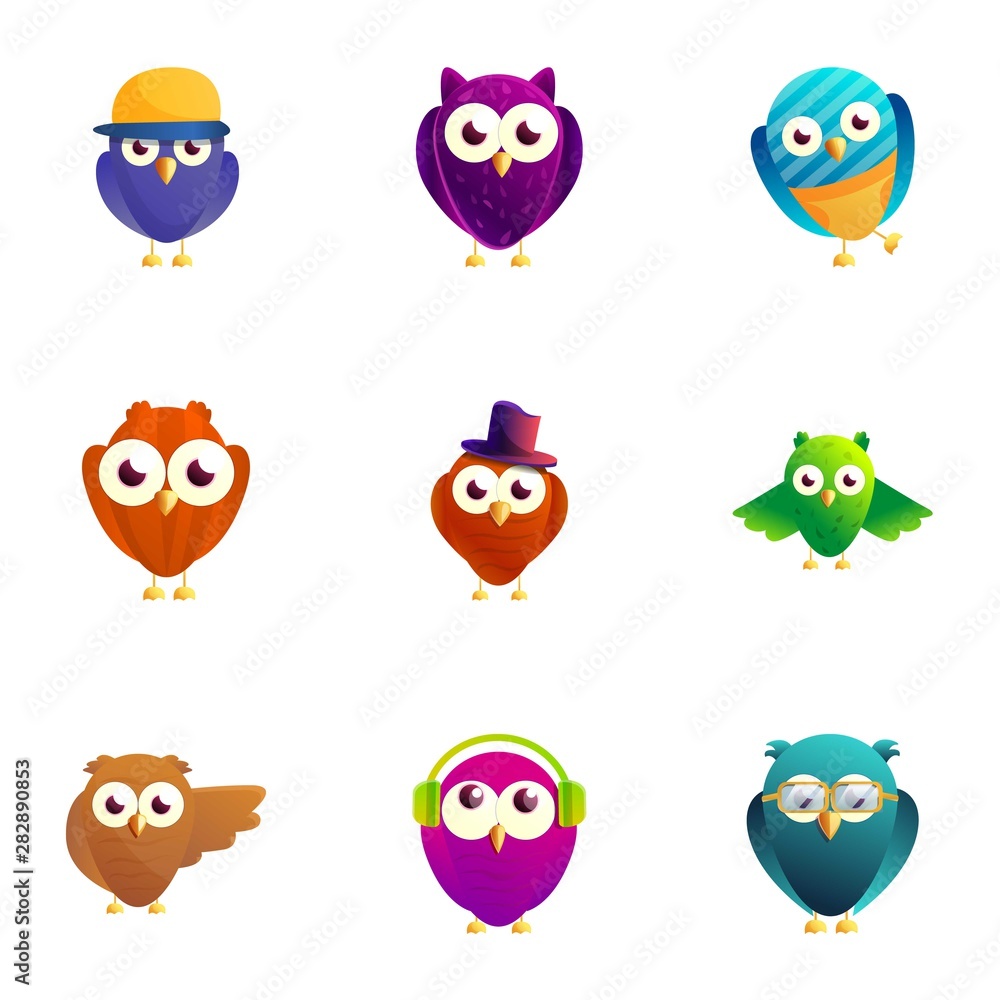 Cute birds character icon set. Cartoon set of 9 cute birds character vector icons for web design isolated on white background Cute birds character icon set. Cartoon set of 9 cute birds character vector icons for web design isolated on white background