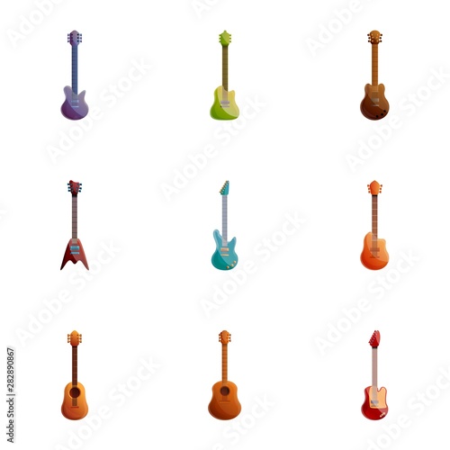Glossy rock guitar icon set. Cartoon set of 9 glossy rock guitar vector icons for web design isolated on white background
