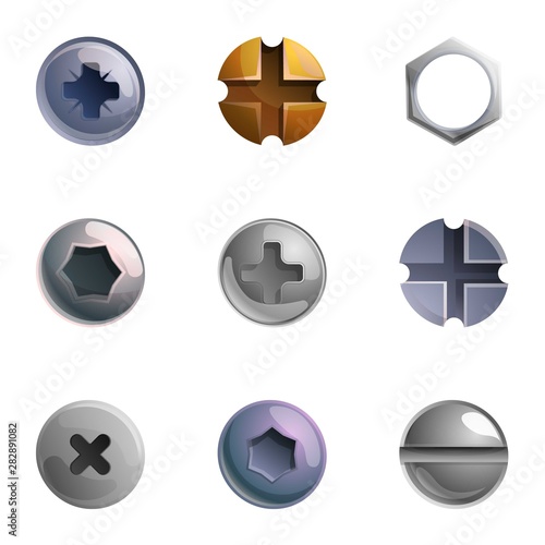 Metal screw head icon set. Cartoon set of 9 metal screw head vector icons for web design isolated on white background