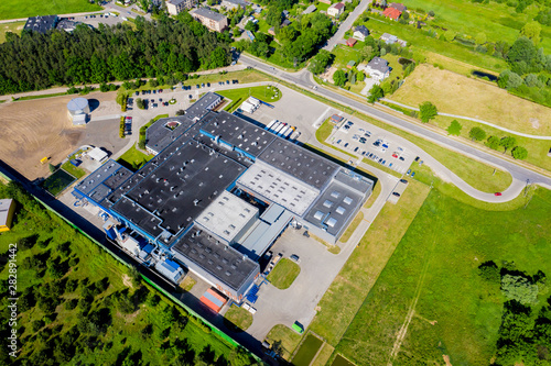 Aerial drone view on distribution center. Logistic and transport concept