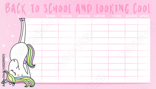School timetable with cute unicorn doodle. Vector school timetable chalk sketch schedule, education.