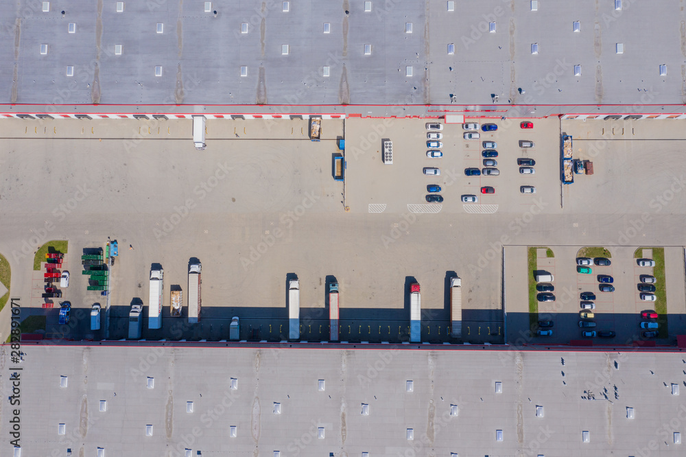 Aerial view of the distribution center, drone photography of the industrial logistic zone