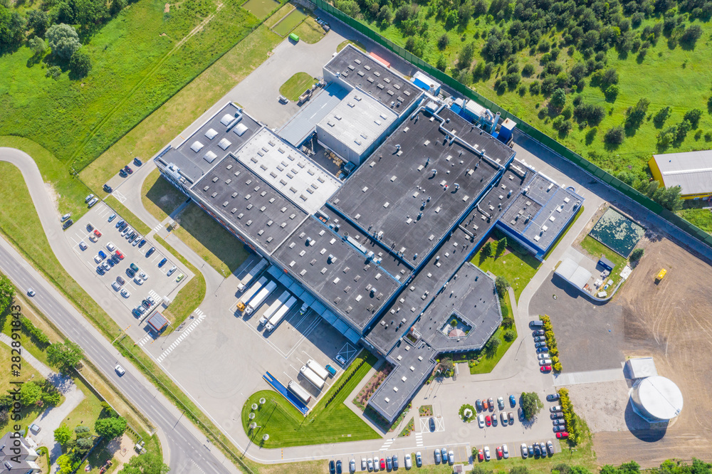 Aerial drone view on warehouse and logistic center. Logistic and transport concept
