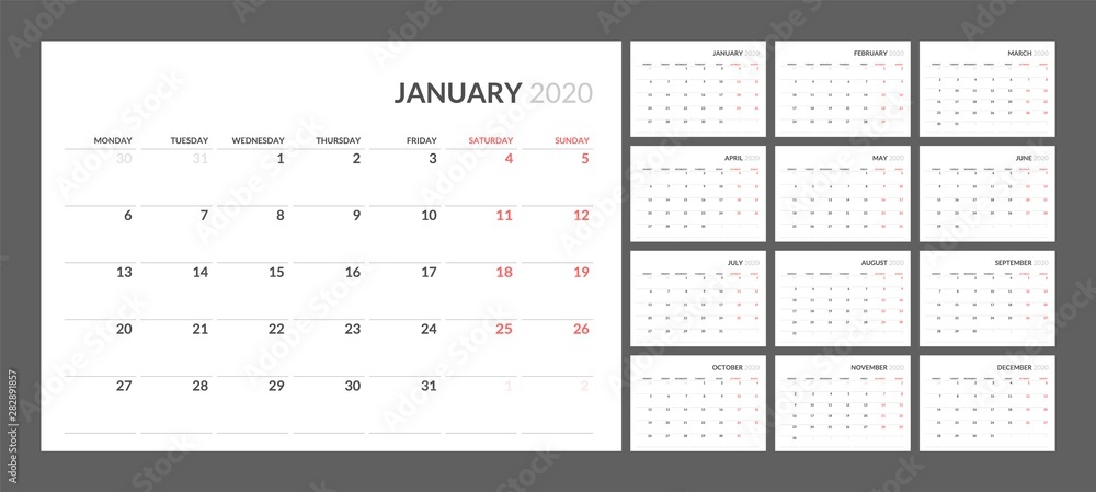 Wall calendar for 2020 year in clean minimal style. Week Starts on Monday. Set of 12 Months. Wall calendar for 2020 year in clean minimal style. Week Starts on Monday. Set of 12 Months.