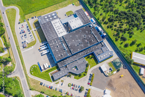 Aerial drone view on warehouse and logistic center. Logistic and transport concept