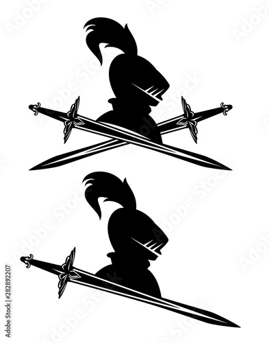 knight helmet head and crossed swords - medieval guard sign black and white vector design set