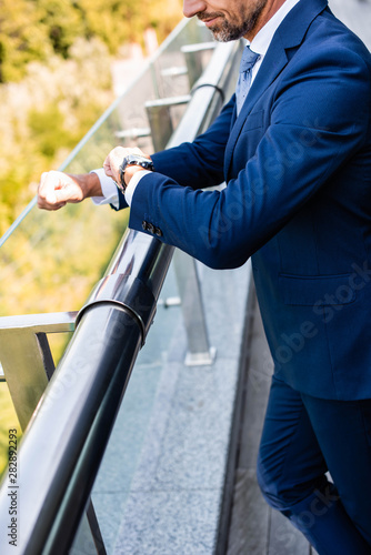 cropped view of man in formal wear looking at watch