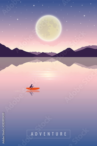 lonely canoeing adventure with orange boat at night with full moon romantic landscape vector illustration EPS10