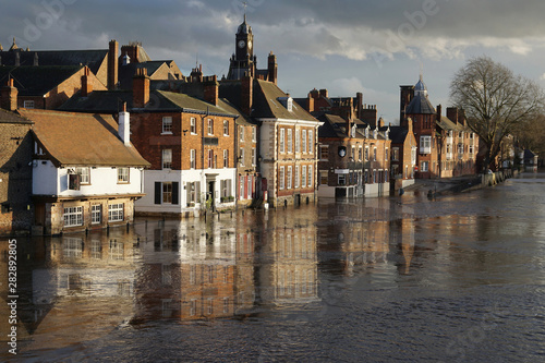 Flooding of River Ouse and riverside businesses in York, England. 